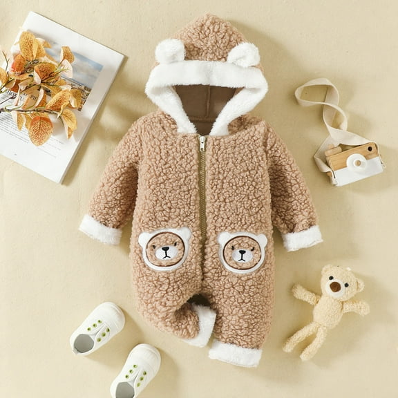 WOYY Boys Teddy Jumpsuit Cartoon Bear Print Hooded Romper Winter Soft Onesie