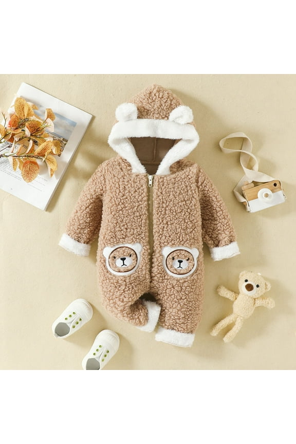Boys Teddy Jumpsuit Cartoon Bear Print Hooded Romper Winter Soft Onesie