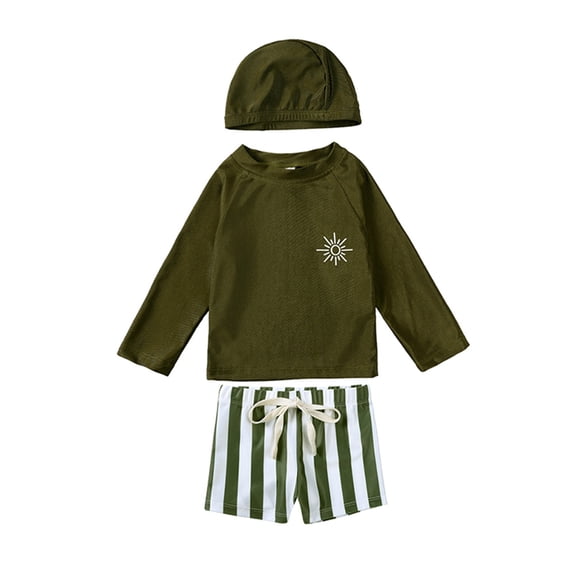 WOYY Boys Three Piece Swimsuit Long Sleeve Rash Guard Board Shorts Cap Bathing Suit with UPF50+, Sizes 6-12 Months