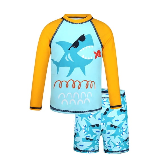 WOYY Boys UPF 50+ Long Sleeve Rash Guard 2-Piece Swimsuit Quick Dry Bathing Suits, Sizes 3-7