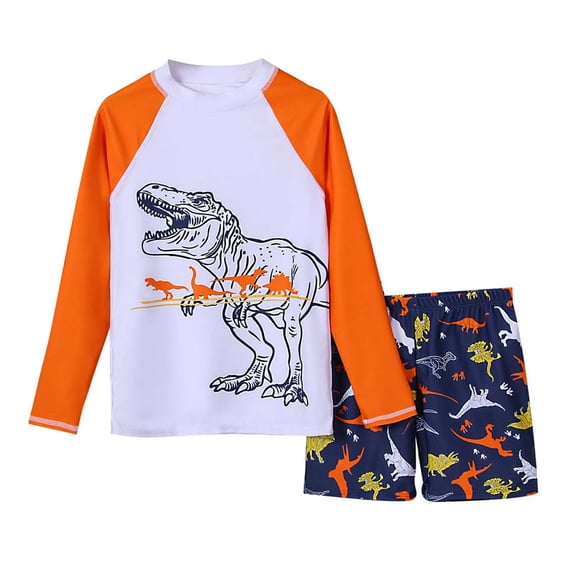 WOYY Boys UPF 50+ Long Sleeve Rash Guard 2-Piece Swimsuit with Dinosaur Print, Sizes 7-12