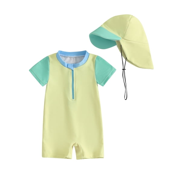 WOYY Boys UPF 50+ Short Sleeve Rash Guard One-Piece Swimsuit with Hat Sunsuit, Sizes 12-24 Months