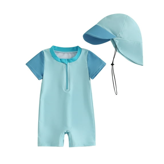 WOYY Boys UPF 50+ Short Sleeve Rash Guard One-Piece Swimsuit with Hat Sunsuit, Sizes 2-3