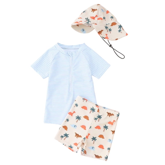 WOYY Boys UPF 50+ Short Sleeve Rashguard One-Piece Swimsuit Shorts Hat 3Pcs Set, Sizes 12-18 Months