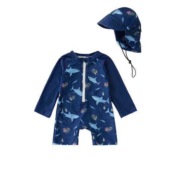 WOYY Boys UPF 50+ Zip Up Long Sleeve Rash Guard One-Piece Swimsuit with Hat, Sizes 3-4