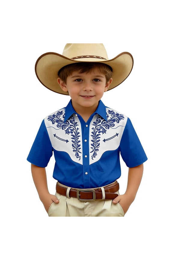 Boys Vintage Cowboy Short-Sleeve Shirt Kids Embroidery Button Down Shirt, Sizes 3-14