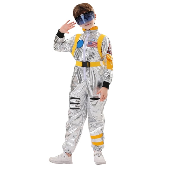 WOYY Boys and Girls Space Astronaut Co_stume Long Sleeve Jumpsuit with Accessories Kids 2Pcs Set, Sizes 5-6