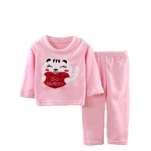 WOYY Children's Flannel Pajama Set Fuzzy Warm Long Sleeve Top Pants Sleepwear, Sizes 0-14