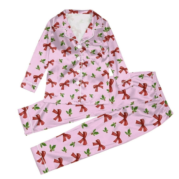 WOYY Christmas Family Matching Pajama Sets Long Sleeve Shirt Top Pants Satin Silk Loungewear(Kid's)
