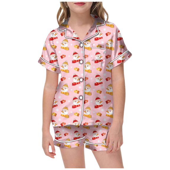 WOYY Christmas Matching Pajamas For Girls Xmas Short Sleeved Button Top Shorts Pj's Set