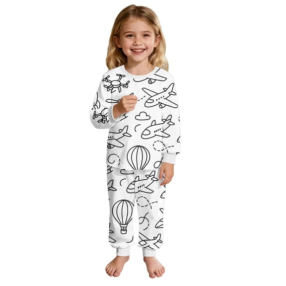 WOYY DIY Coloring Pajama Set for Girls Plane Long Sleeve T-Shirt Pants Pjs, Sizes 5-6