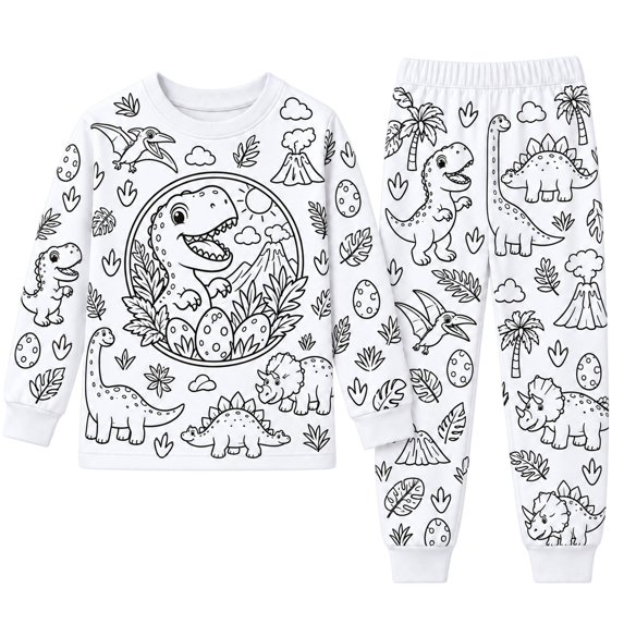 WOYY DIY Coloring Pajamas for Girls Dinosaur Long Sleeve Top Pants Kids PJ Set, Sizes 2-9