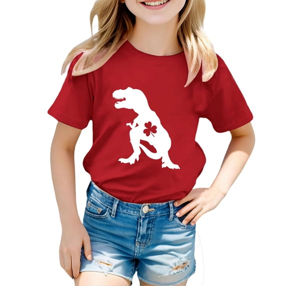 WOYY Dinosaur T-Shirt for Girls St. Patrick's Day Short Sleeve Crew Neck T Shirt, Sizes 1-13