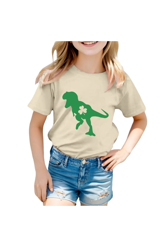 Dinosaur T Shirt for Girls St. Patrick's Day Short Sleeve T-Shirt Kids Tee, Sizes 1-13