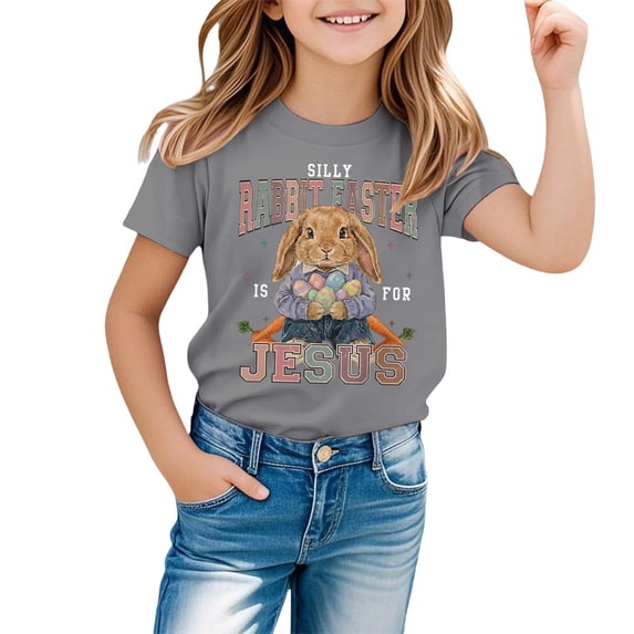 WOYY Easter Graphic Tee for Girls Cute Bunny Print Short Sleeve O Neck T-Shirt, Sizes 1-13