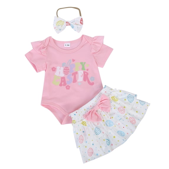 WOYY Easter Outfits for Baby Girls Cute Ruffle Short Sleeve Romper Skirt Set, Sizes 0-18 Months