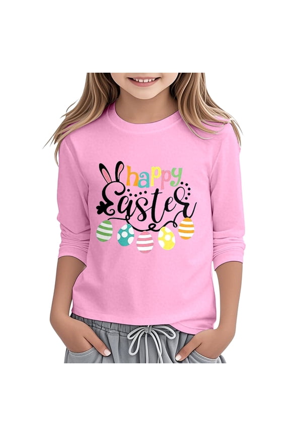 Easter T-Shirt for Girls Graphic Tee 3/4 Sleeve Round Neck T Shirt Top, Sizes 3-14