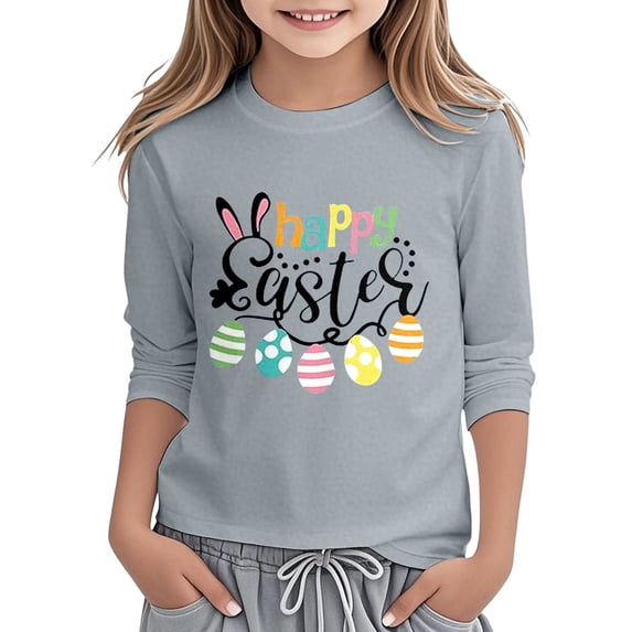 WOYY Easter T-Shirt for Girls Graphic Tee 3/4 Sleeve Round Neck T Shirt Top, Sizes 3-14