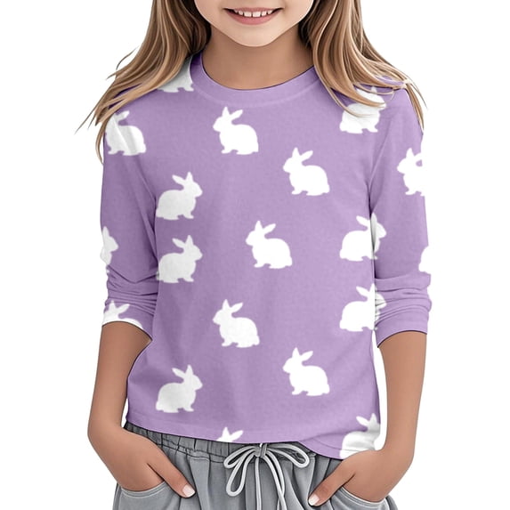 WOYY Easter T Shirt for Girls Rabbit Print 3/4 Sleeve Round Neck T-Shirt Kids Tee, Sizes 3-14