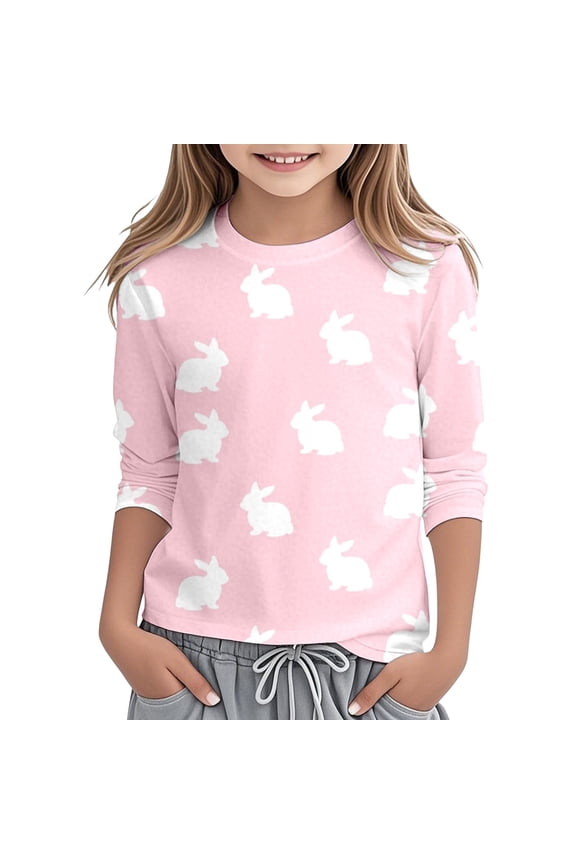 Easter T Shirt for Girls Rabbit Print 3/4 Sleeve Round Neck T-Shirt Kids Tee, Sizes 3-14