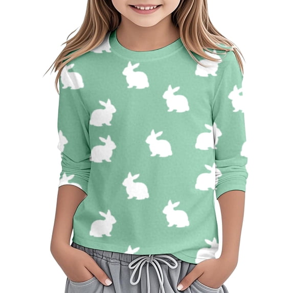 WOYY Easter T Shirt for Girls Rabbit Print 3/4 Sleeve Round Neck T-Shirt Kids Tee, Sizes 3-14