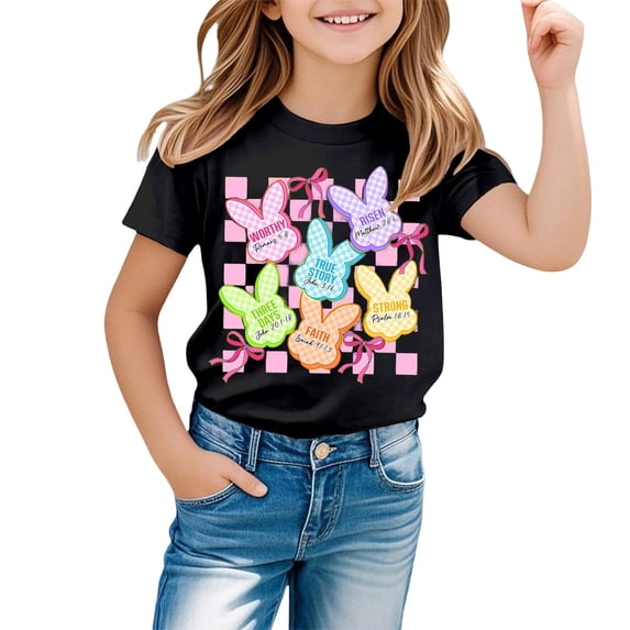 WOYY Easter T Shirt for Girls Rabbit Print Short Sleeve Crew Neck T-Shirt Top, Sizes 1-13