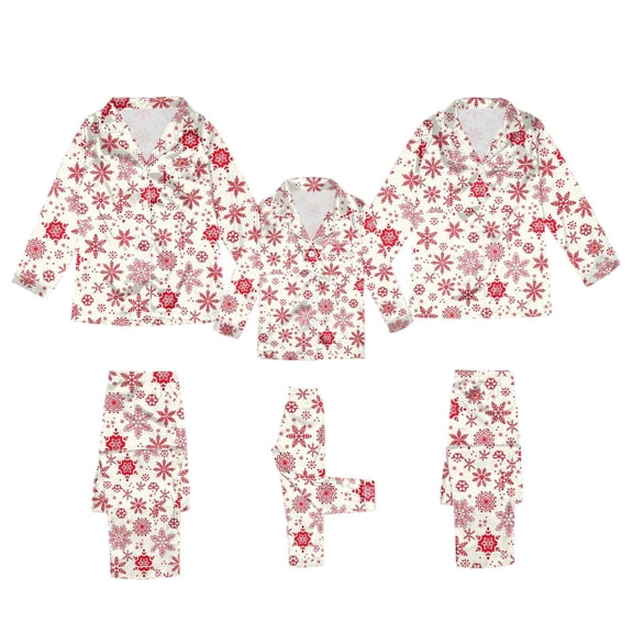 WOYY Family Pajama Set Silk Snowflake Print Long Sleeve Tops Trousers Sleepwear Jammies