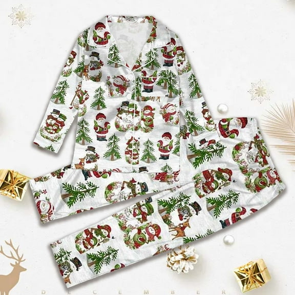 WOYY Family Pajamas cartoon Santa Print Long Sleeve Top Pants Sleepwear Loungewear