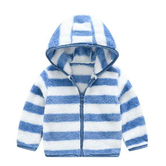 WOYY Fleece Coat for Boys Girls Striped Zip Up Hooded Jacket Kids Soft Fuzzy Outerwear