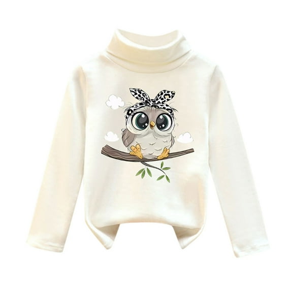 WOYY Fleece Sweater For Girl Soft Owl Printed Turtleneck Pullover Sweatshirt Undershirt