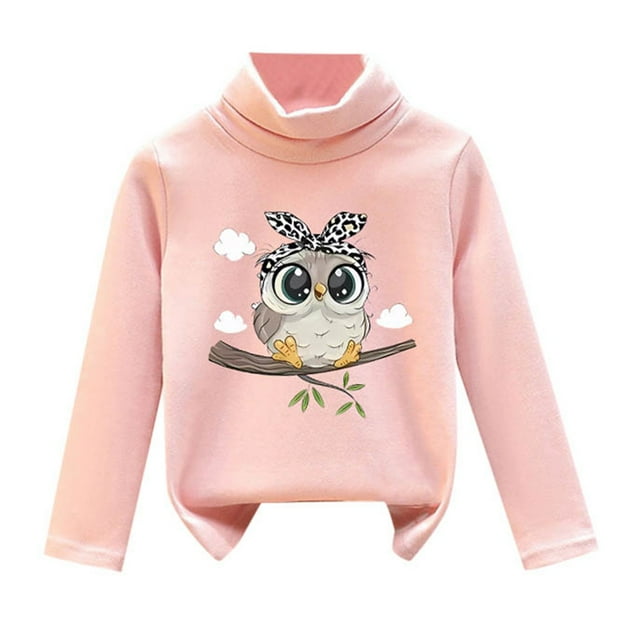 WOYY Fleece Sweater For Girl Soft Owl Printed Turtleneck Pullover Sweatshirt Undershirt
