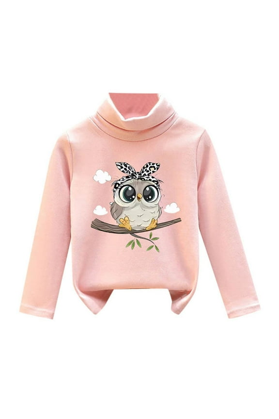 Fleece Sweater For Girl Soft Owl Printed Turtleneck Pullover Sweatshirt Undershirt