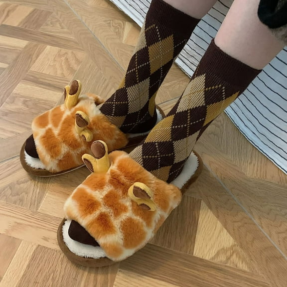 WOYY Giraffe Slippers For Women Winter Warm House Slippers Soft Non Slip Fleece Home Shoes