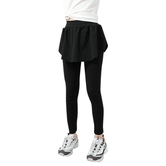 WOYY Girl Athletic Skirted Leggings High Rise Stretch Workout Dance Yoga Pants, Black, Sizes 4-13