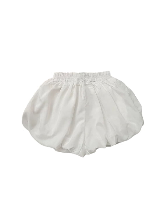 Girl Bubble Hem Shorts Summer Casual Pull-On Bloomers Puffy Play Shorts, White, Sizes 12M-6Y