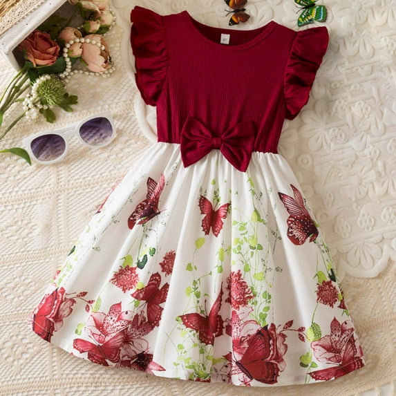 WOYY Girl Butterfly Print Ruffle Sleeveless Dress Cotton Ribbed Casual Dress, Sizes 2-7