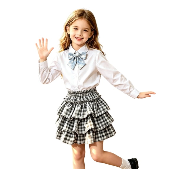 WOYY Girl Casual Gingham Ruffle Skirt School Plaid Layered A Line Skirt, Grey, Sizes 3-14