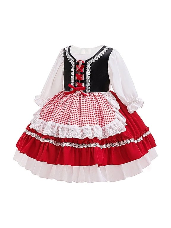Girl Oktoberfest Long Sleeve Princess Dress Cute Ruffle Swing Dress, Red, Sizes 6M-3T