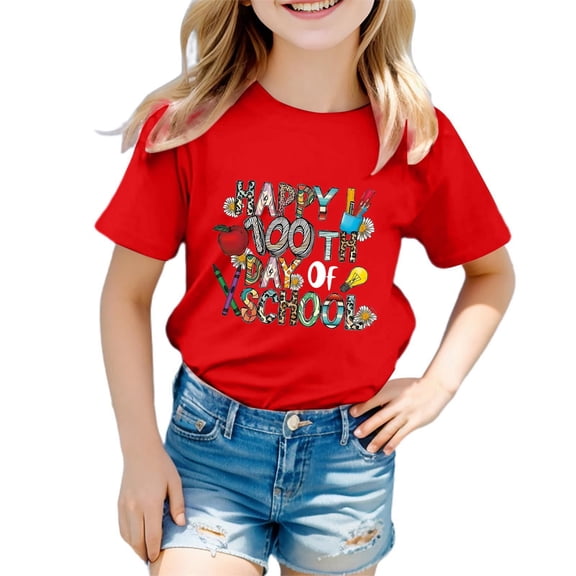 WOYY Girl's 100 Days Of School T-Shirt Letter Print Short Sleeved Tshirt Kids Loose Casual T Shirt