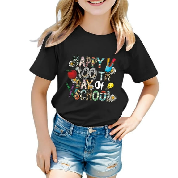 WOYY Girl's 100 Days Of School T-Shirt Letter Print Short Sleeved Tshirt Kids Loose Casual T Shirt