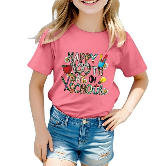 WOYY Girl's 100 Days Of School T-Shirt Letter Print Short Sleeved Tshirt Kids Loose Casual T Shirt