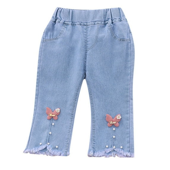 WOYY Girl's Cropped Jeans Elastic Waist Capri Denim Pants Summer Lightweight Trousers