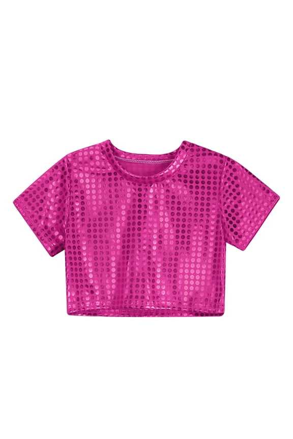 Girl's Glitter Sequin Crop Top Round Neck Short Sleeved T Shirt for Children