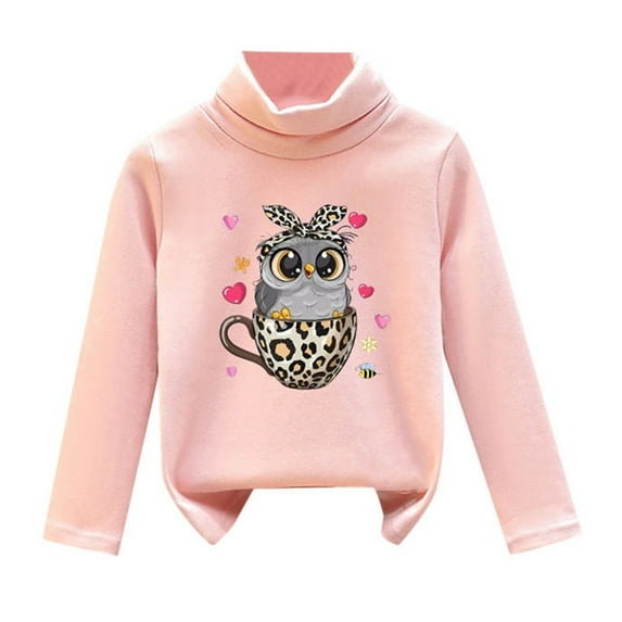 WOYY Girl's High Neck Pullover Sweatshirt Cute Cartoon Owl Print T-Shirt