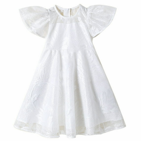 WOYY Girl's Lace Flutter Sleeves White Dress Elegant Breathable A-Line Dress, Sizes 2-8