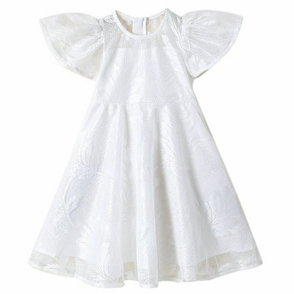 WOYY Girl's Lace Flutter Sleeves White Dress Elegant Breathable A-Line Dress, Sizes 2-8