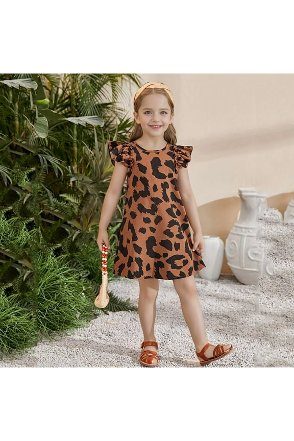 Girl's Leopard Print Flutter Sleeve Dress Summer Casual A-Line Dress, Sizes 1-8