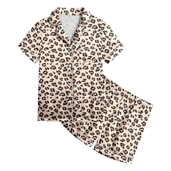 WOYY Girl's Sleepwear Set Leopard Print Button Front Top Shorts Loungewear, Sizes 2-13