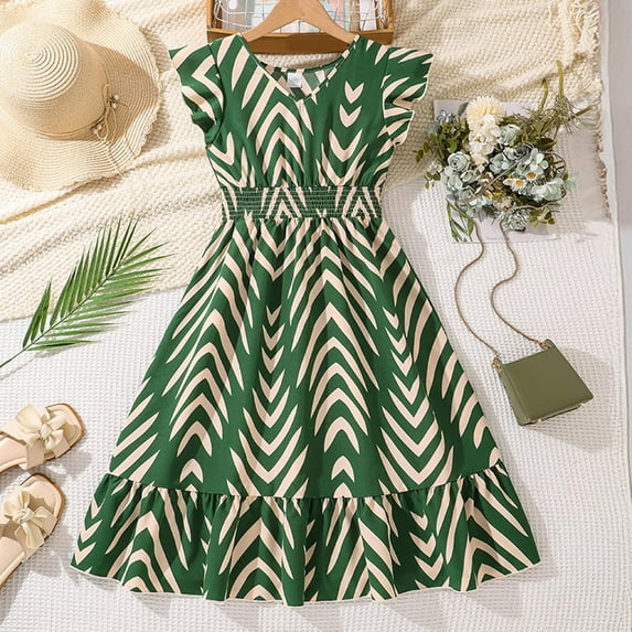 WOYY Girl's Sleeveless Floral Print Ruffle Dress Elegant Smocked Waist Dress, Sizes 7-13