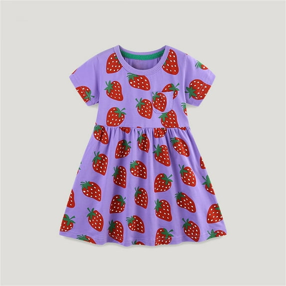 WOYY Girl's Strawberry Print Short Sleeve Play Dress Summer Casual Cute Dress, Sizes 1-7